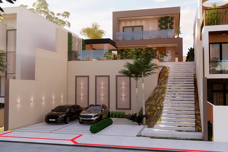 alt="Casas de alto padrão Alcan Empreendimentos fachada com garagem"